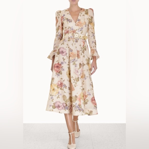 NWT Zimmermann Luminosity Belted Linen Midi Dress Beige Floral | ZIM 0 / US XS - Picture 5 of 13